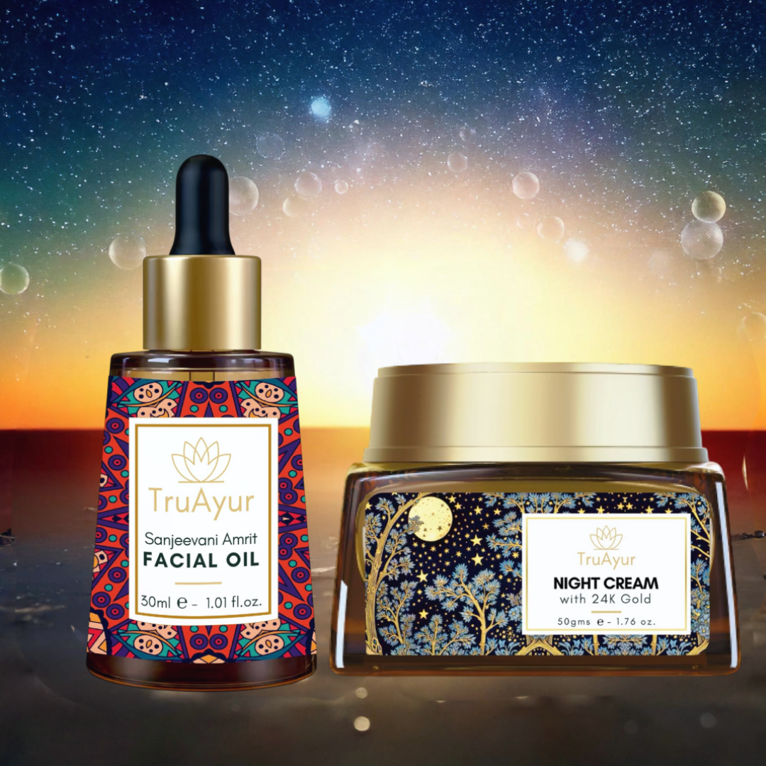 Anti-aging ritual z 24-karatnim zlatom (olje za obraz in nočna krema Sanjeevani Amrit)