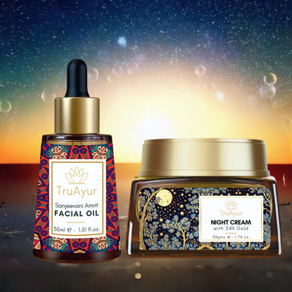 Anti-aging ritual z 24-karatnim zlatom (olje za obraz in nočna krema Sanjeevani Amrit)