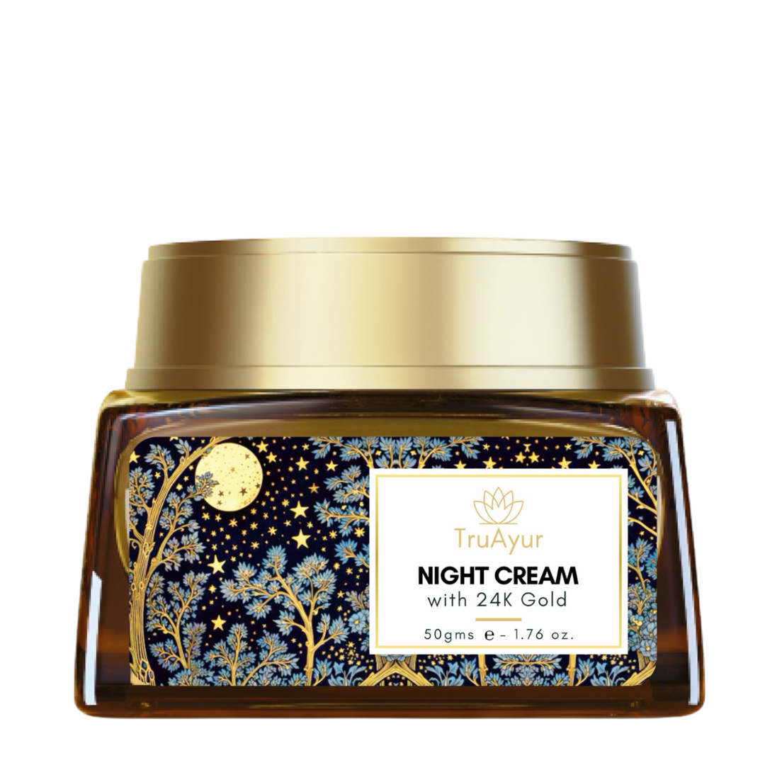 24K zlata ajurvedska nočna krema proti staranju s bakuchi oljem, žafranom in kurkumo