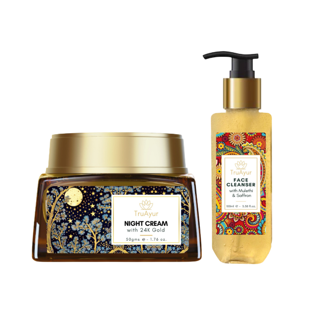Nočni ritual Saffron Glow (nočna krema z 24-karatnim zlatom in čistilo za obraz)