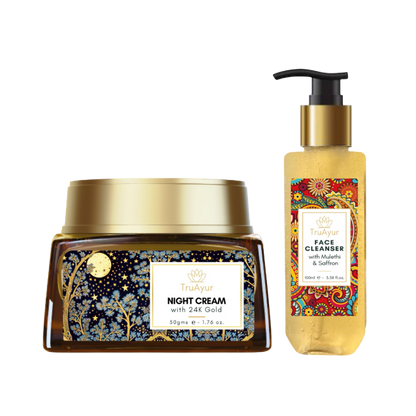 Nočni ritual Saffron Glow (nočna krema z 24-karatnim zlatom in čistilo za obraz)