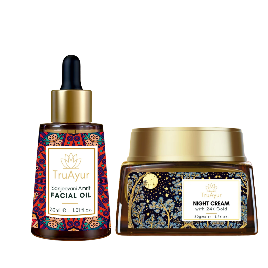 Anti-aging ritual z 24-karatnim zlatom (olje za obraz in nočna krema Sanjeevani Amrit)