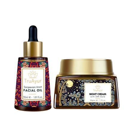 Anti-aging ritual z 24-karatnim zlatom (olje za obraz in nočna krema Sanjeevani Amrit)