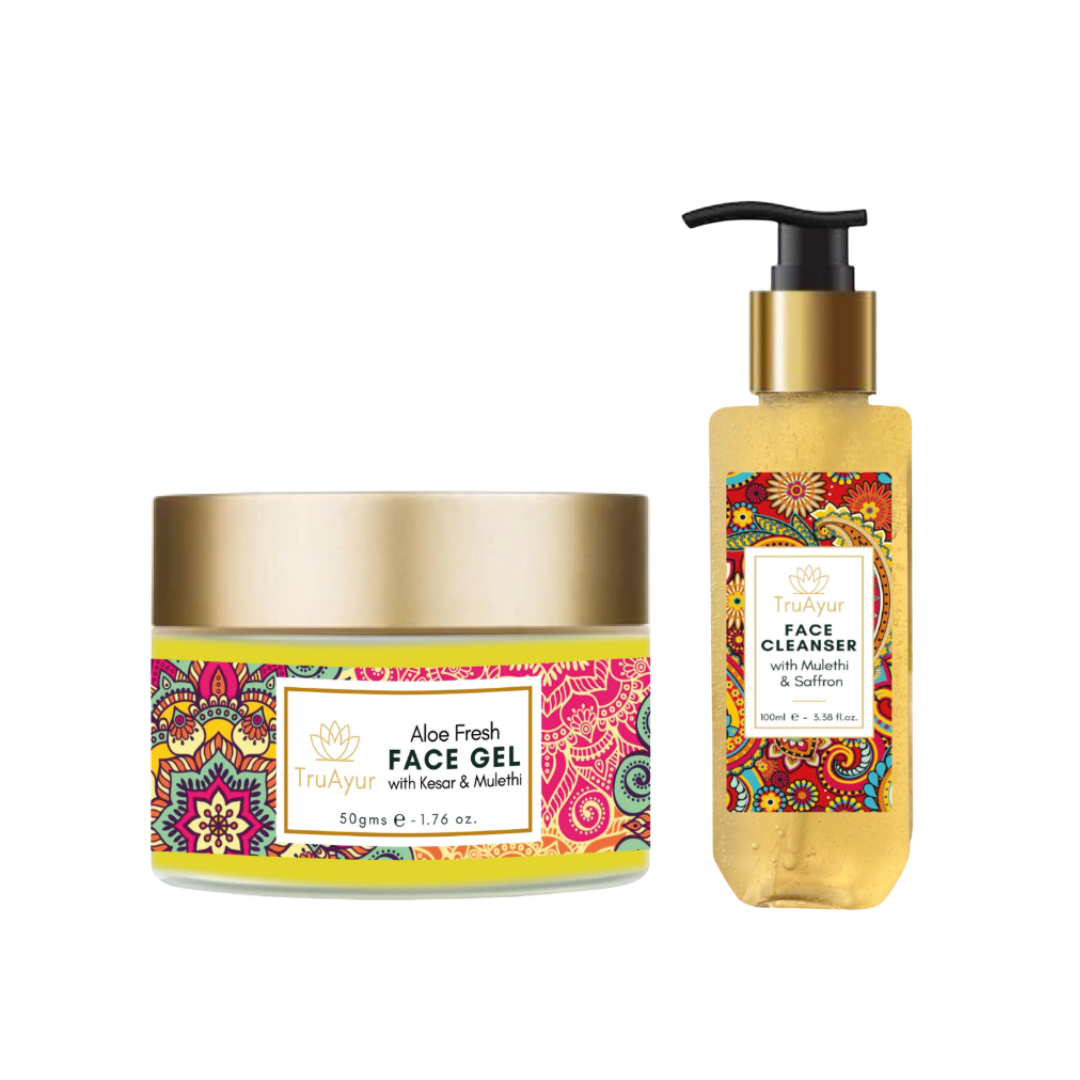 Duo za svež obraz s šafranom iz Kašmirja in Mulethi (čistilo za obraz in gel za obraz Aloe Fresh)