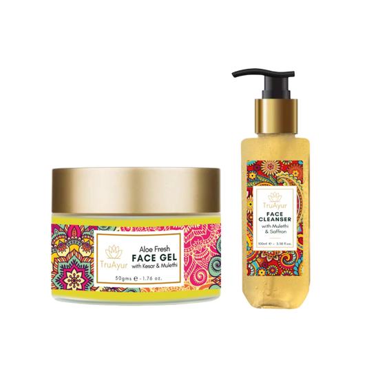 Duo za svež obraz s šafranom iz Kašmirja in Mulethi (čistilo za obraz in gel za obraz Aloe Fresh)