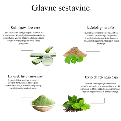 Gel za obraz, ki utrjuje in stimulira kolagen, z aloe vero, zelenim čajem in moringo