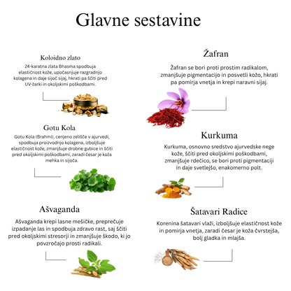 24K zlato Ayurvedska dnevna krema za sijaj kože z gotu kolo, žafranom in mulethi