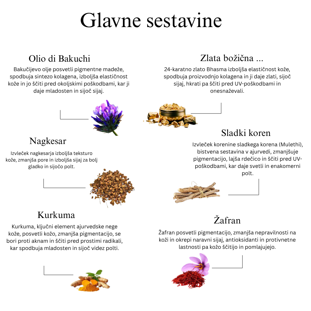 24K zlata ajurvedska nočna krema proti staranju s bakuchi oljem, žafranom in kurkumo