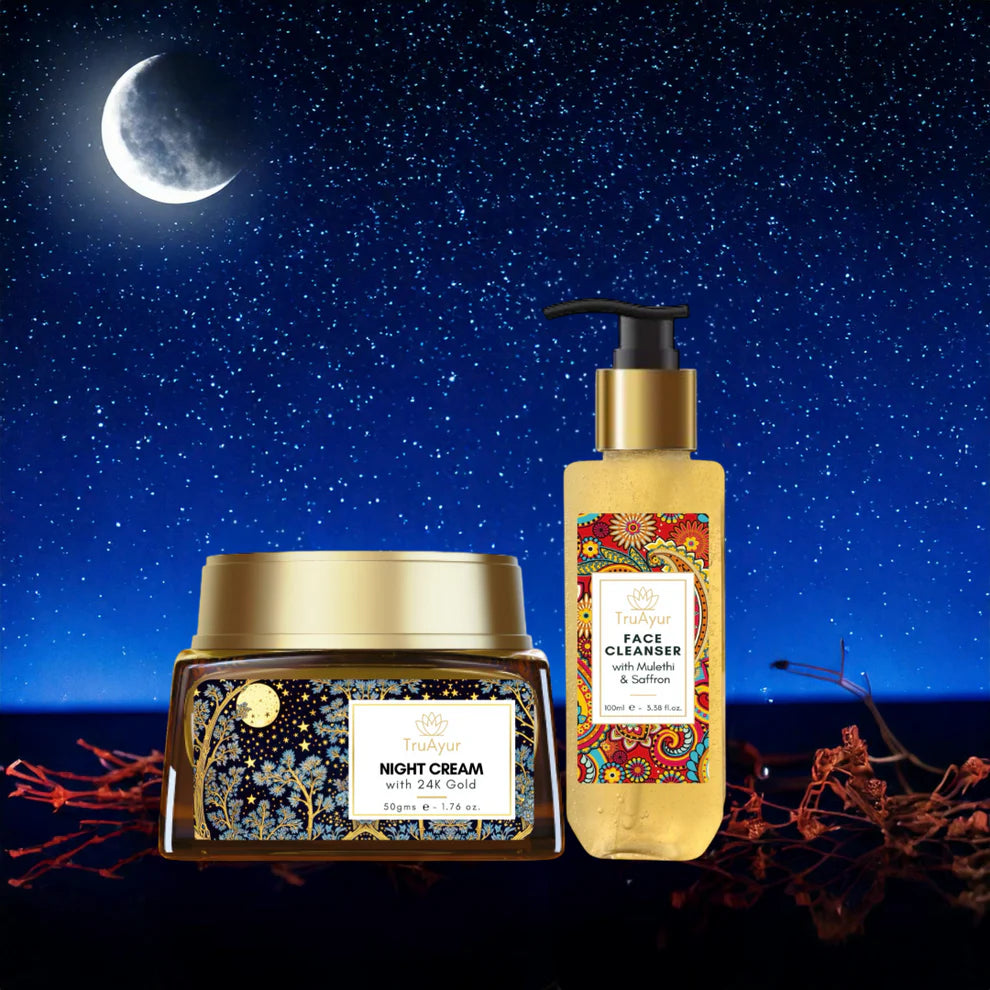 Nočni ritual Saffron Glow (nočna krema z 24-karatnim zlatom in čistilo za obraz)