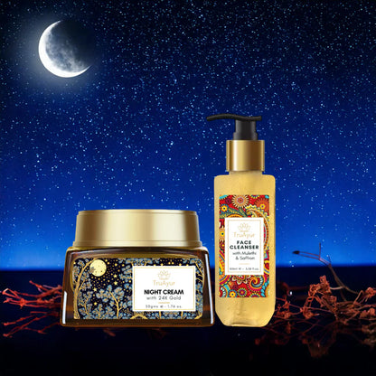 Nočni ritual Saffron Glow (nočna krema z 24-karatnim zlatom in čistilo za obraz)