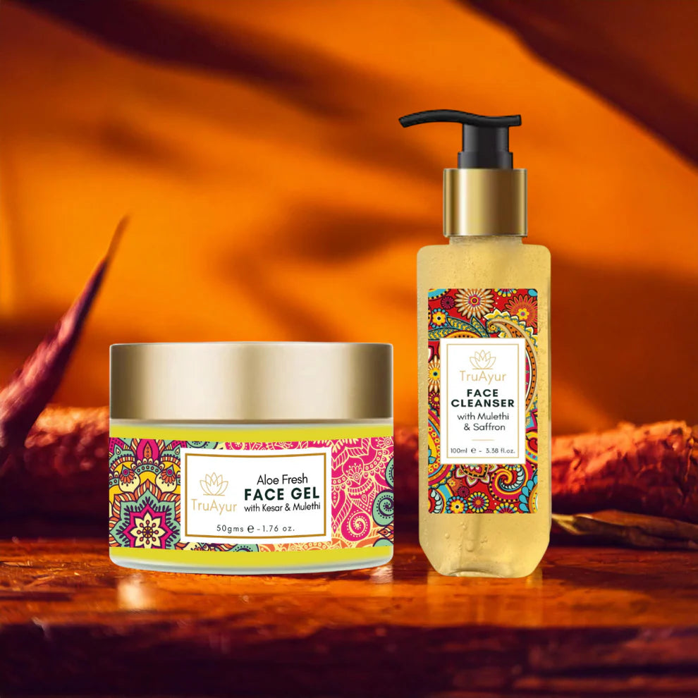 Duo za svež obraz s šafranom iz Kašmirja in Mulethi (čistilo za obraz in gel za obraz Aloe Fresh)