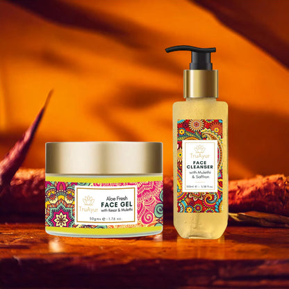 Duo za svež obraz s šafranom iz Kašmirja in Mulethi (čistilo za obraz in gel za obraz Aloe Fresh)