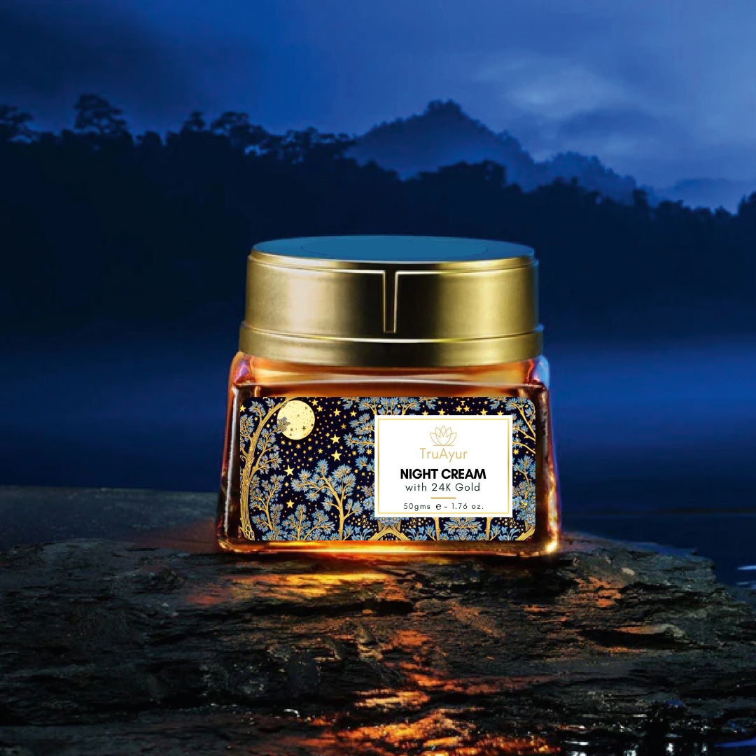 24K zlata ajurvedska nočna krema proti staranju s bakuchi oljem, žafranom in kurkumo