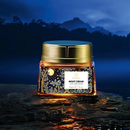 24K zlata ajurvedska nočna krema proti staranju s bakuchi oljem, žafranom in kurkumo